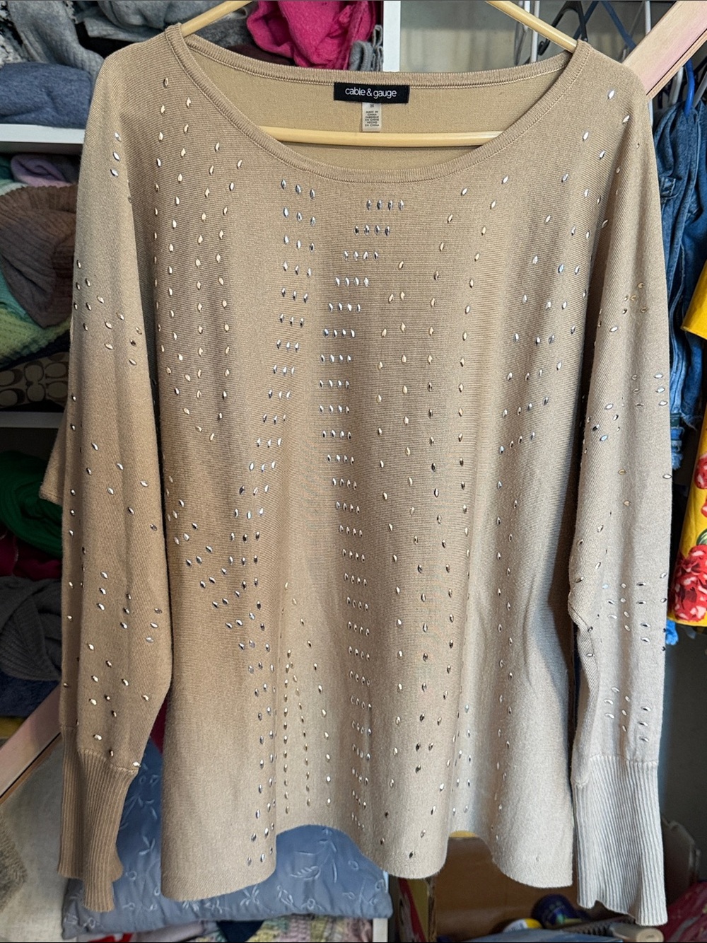 Cable & Gauge Beige Scoop Neck Studded Knit Sweater